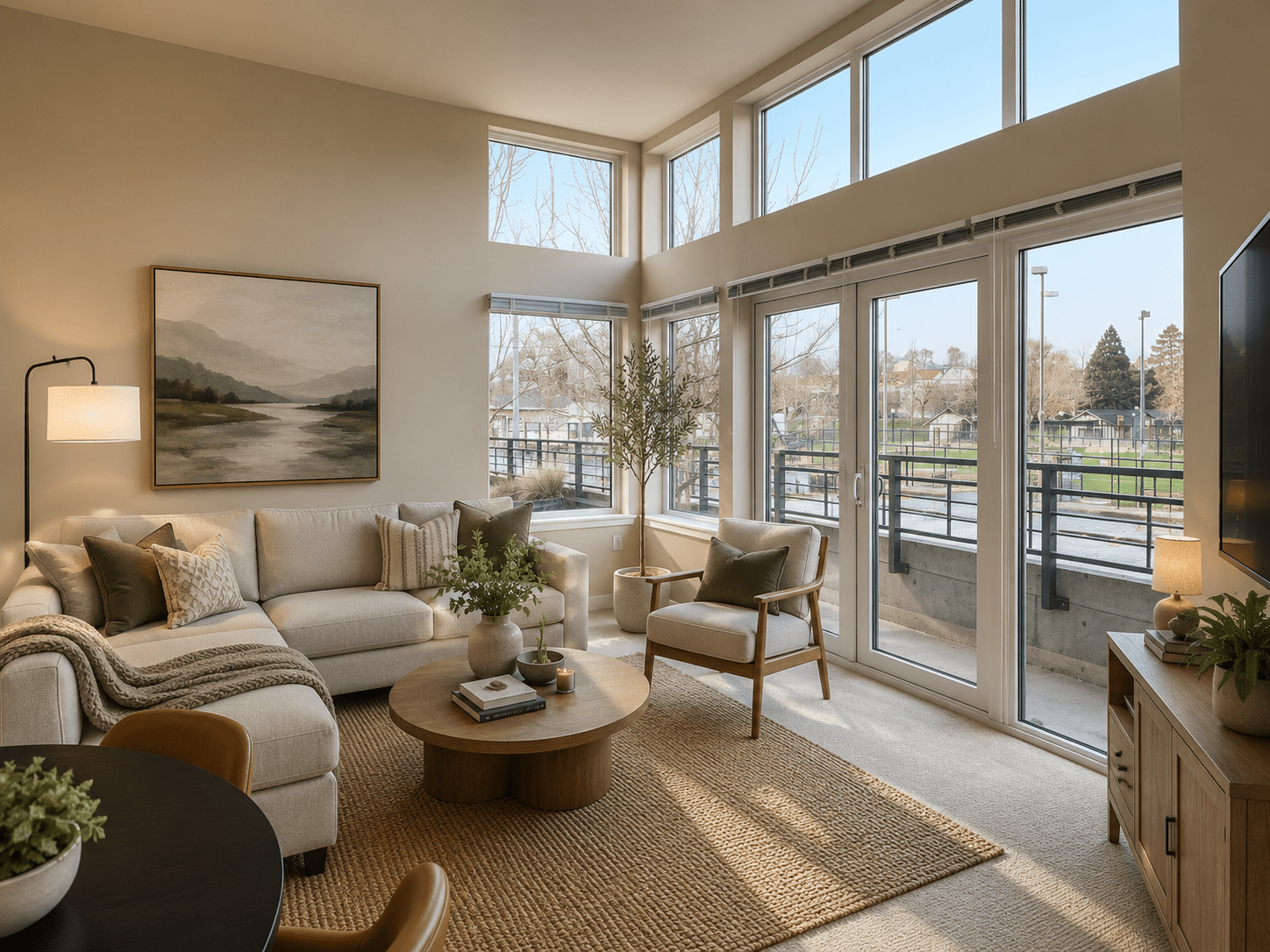 Broadway Building open floor plan living room with natural light.